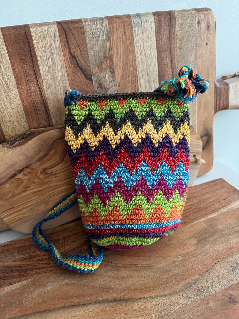 Handcrafted Multicolor Ethnic Artisan Made Zigzag Knit Crossbody Bag - Picture 2 of 5